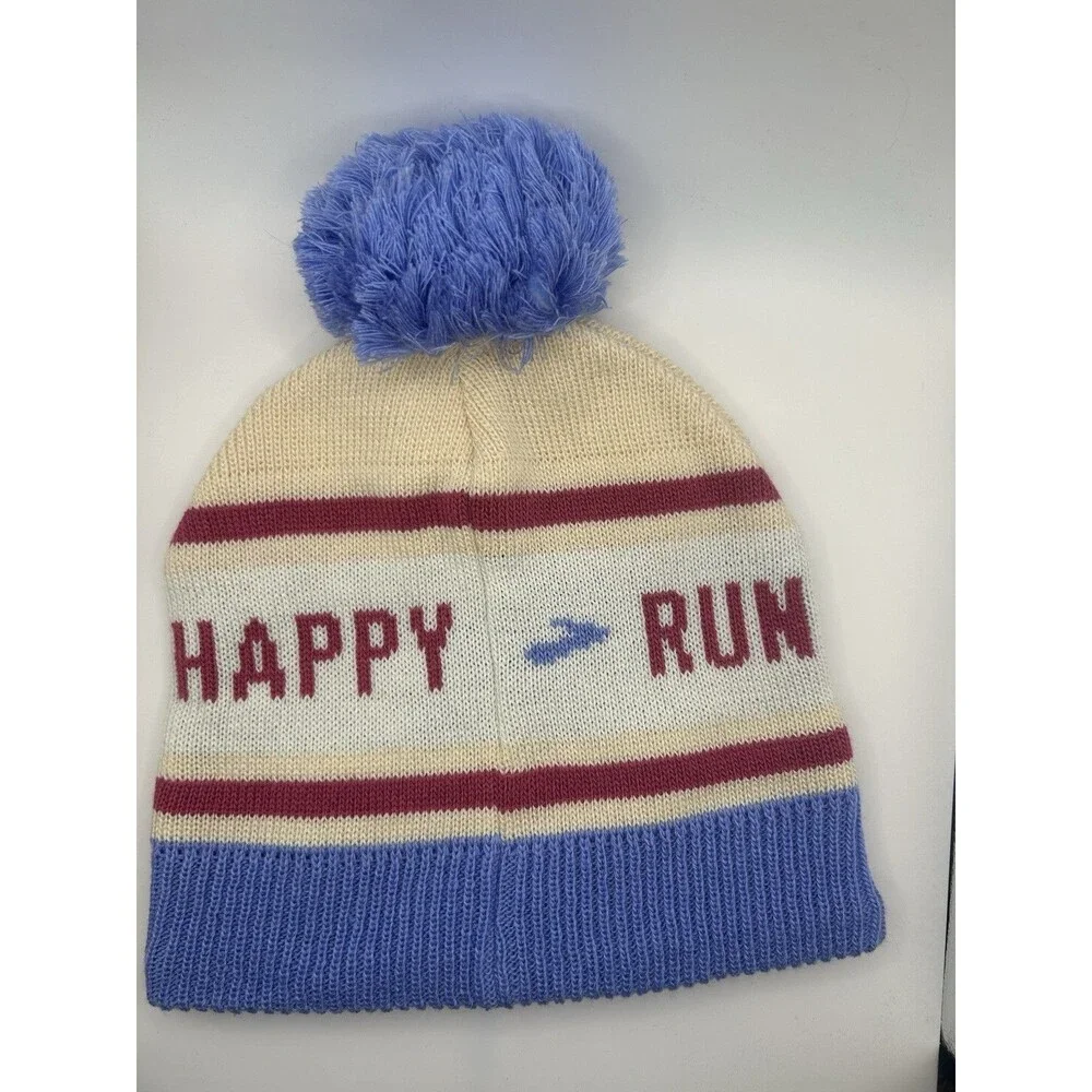 Brooks Run Happy Heritage Pom Beanie Sand Blue Red Unisex One Size NWT